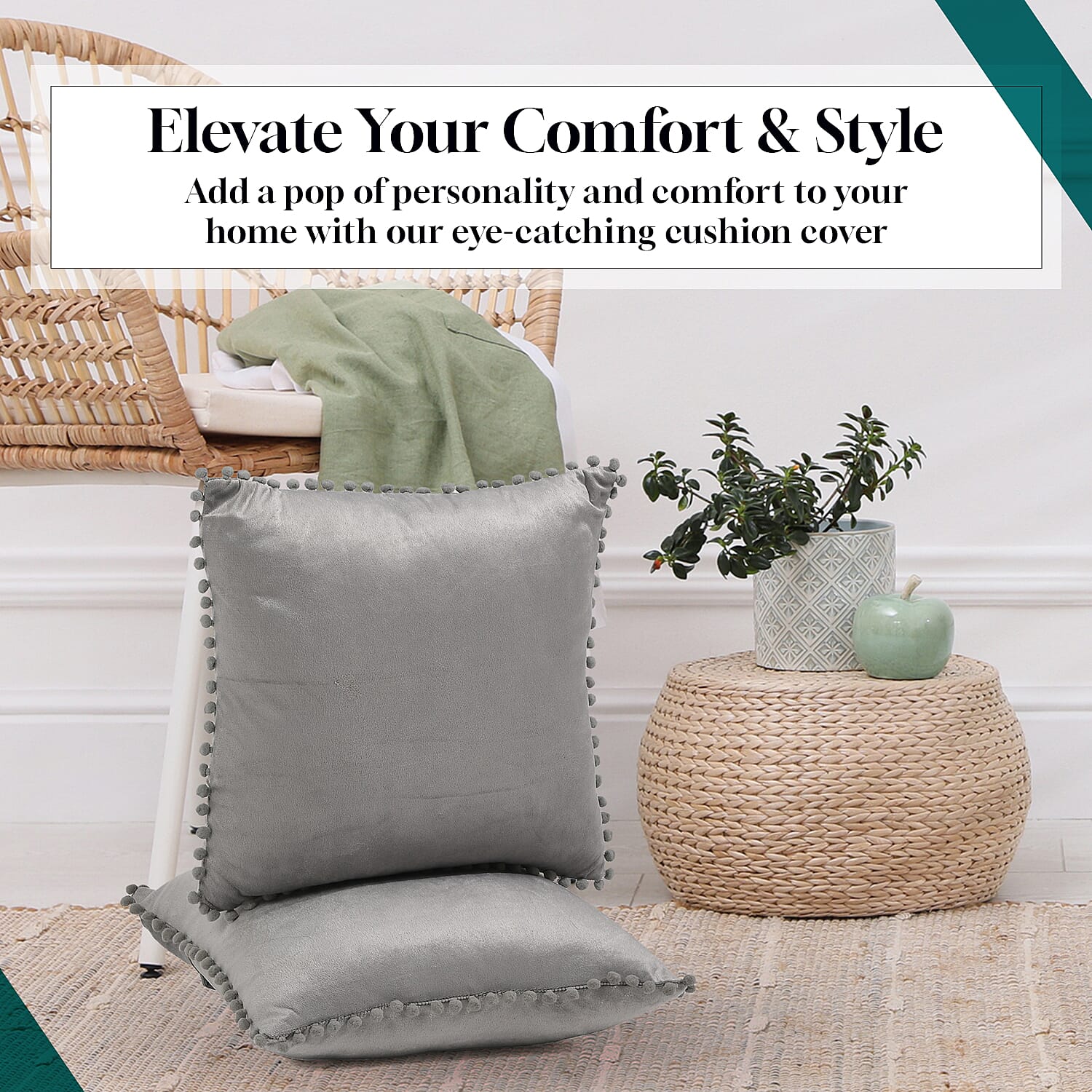 Set of 2- Solid Velvet Cushion Cover (Size 45x45 Cm) - Grey Set of 2- Solid Velvet Cushion Cover (Size 45x45 Cm) - Grey