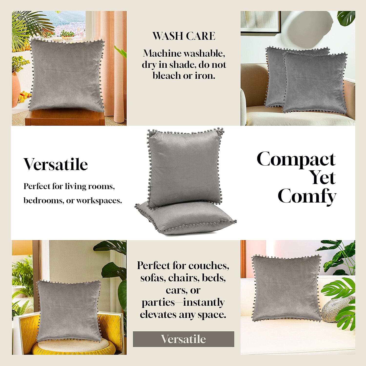 Set of 2- Solid Velvet Cushion Cover (Size 45x45 Cm) - Grey Set of 2- Solid Velvet Cushion Cover (Size 45x45 Cm) - Grey