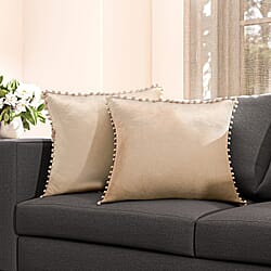 Set of 2 Solid Velvet Cushion Covers with Pom Poms