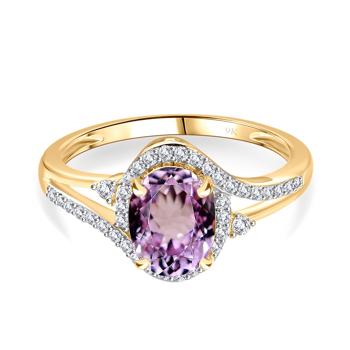 9K Yellow Gold AA Kunzite, Moissanite Halo Ring