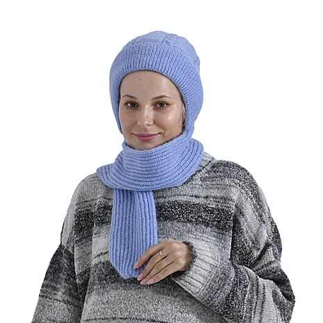 Winters Must Buy - Solid Beanie Cozy Cap and Scarf Set - Blue