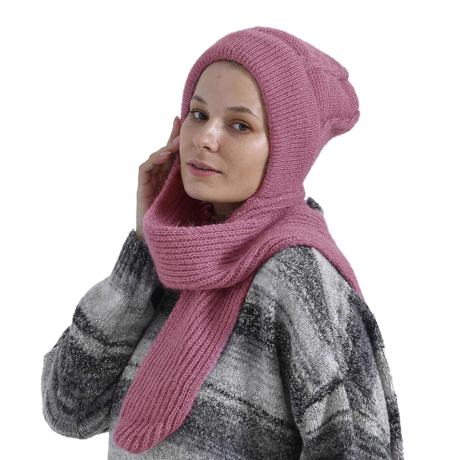 Winters Must Buy - Solid Beanie Cozy Cap and Scarf Set - Pink