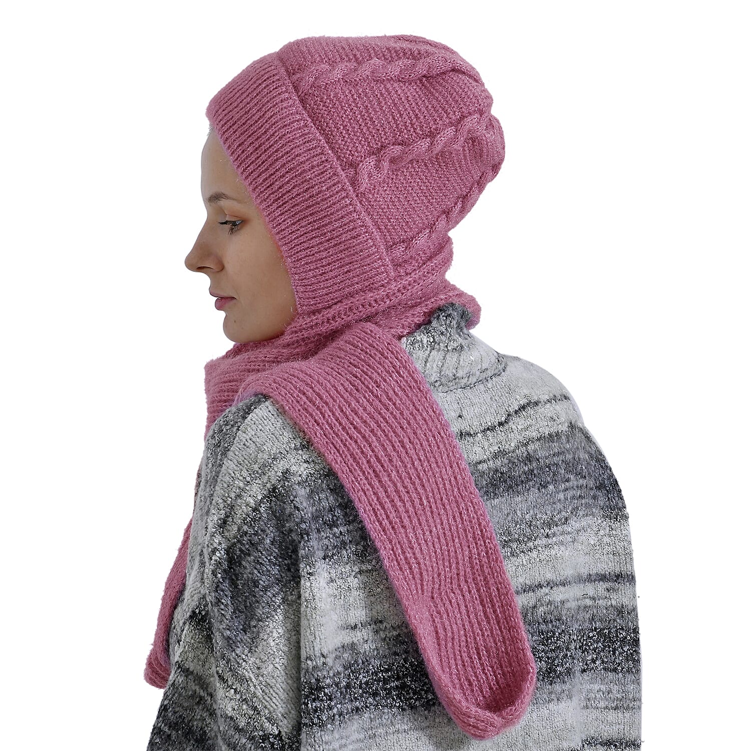 Winters Must Buy - Solid Beanie Cozy Cap and Scarf Set - Pink