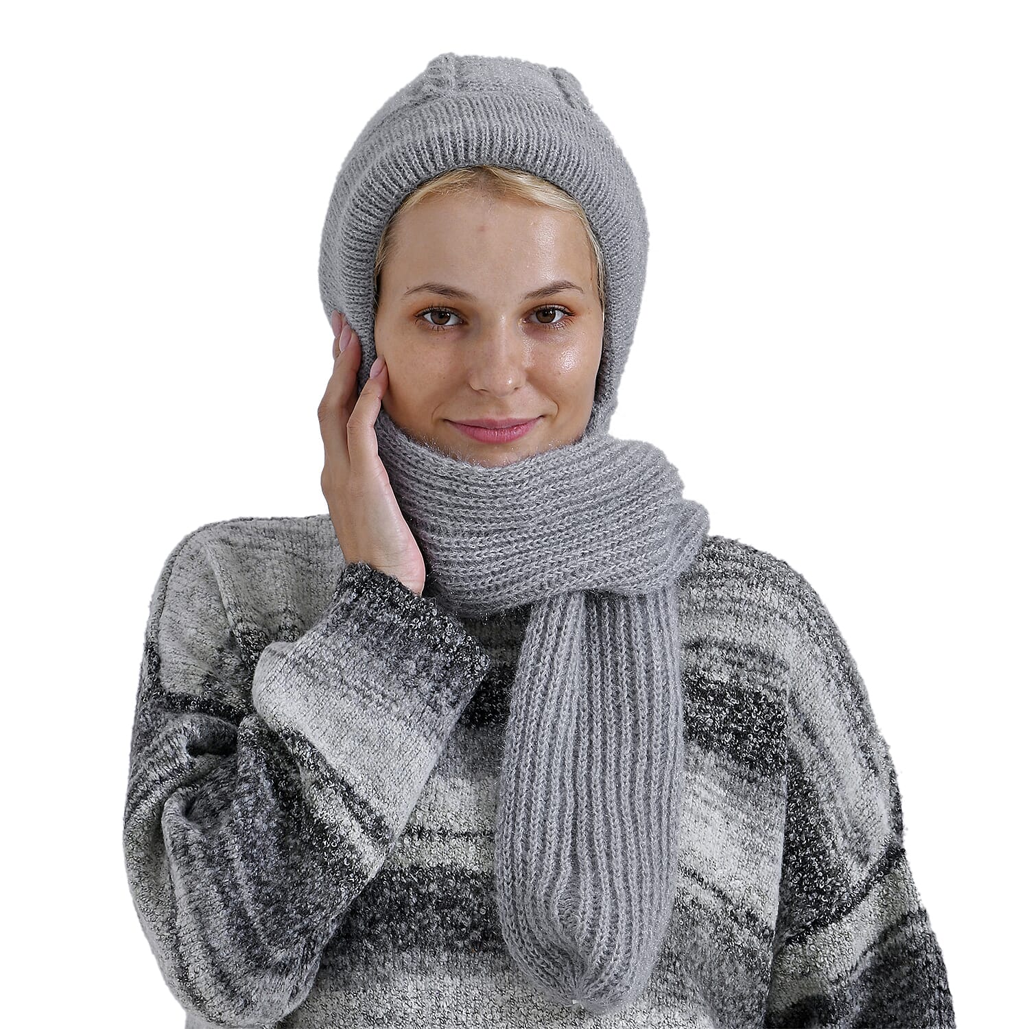 Winters Must Buy - Solid Beanie Cozy Cap and Scarf Set - Grey