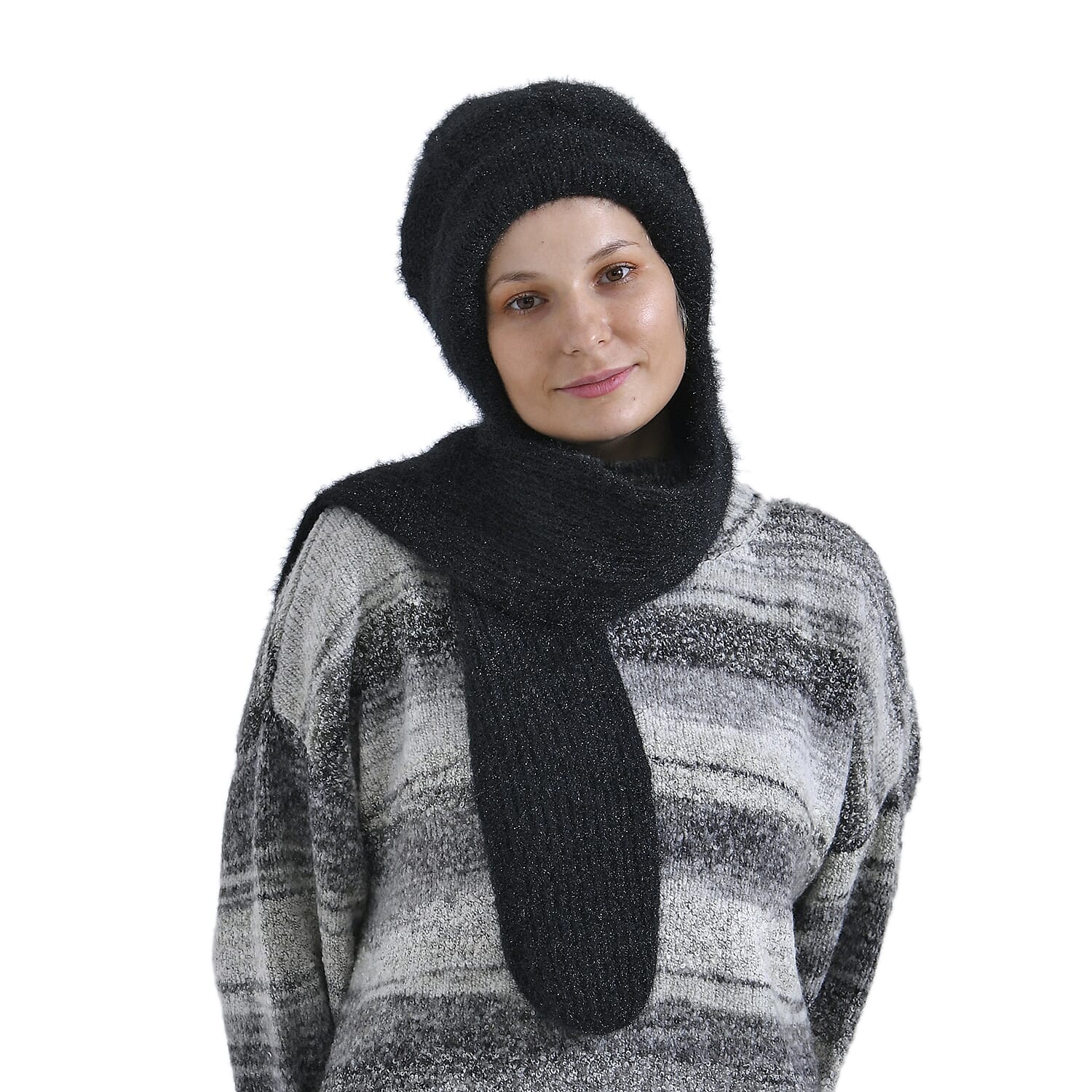 Winters Must Buy - Solid Beanie Cozy Cap and Scarf Set - Black