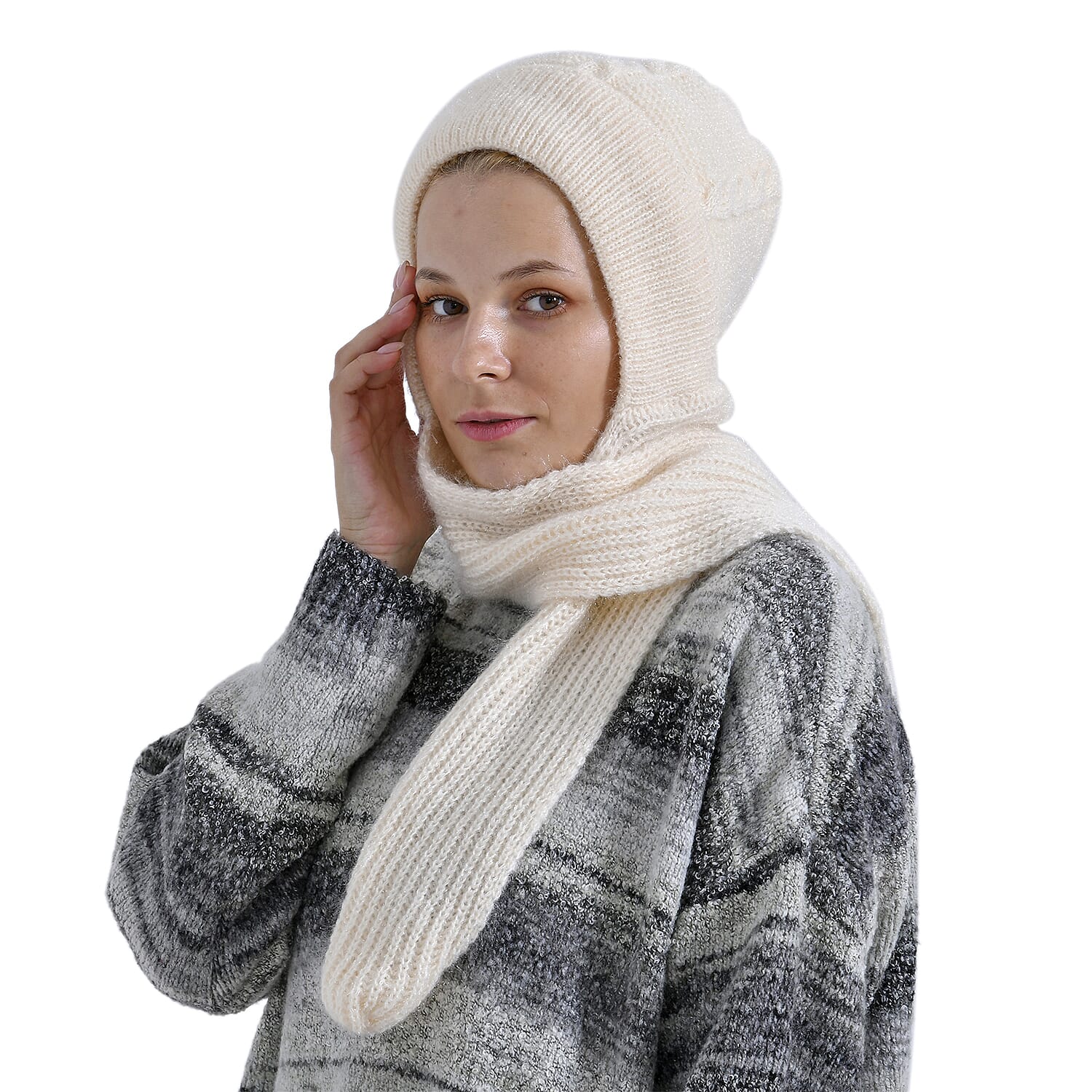 Solid Beanie Cap and Scarf Set - Beige