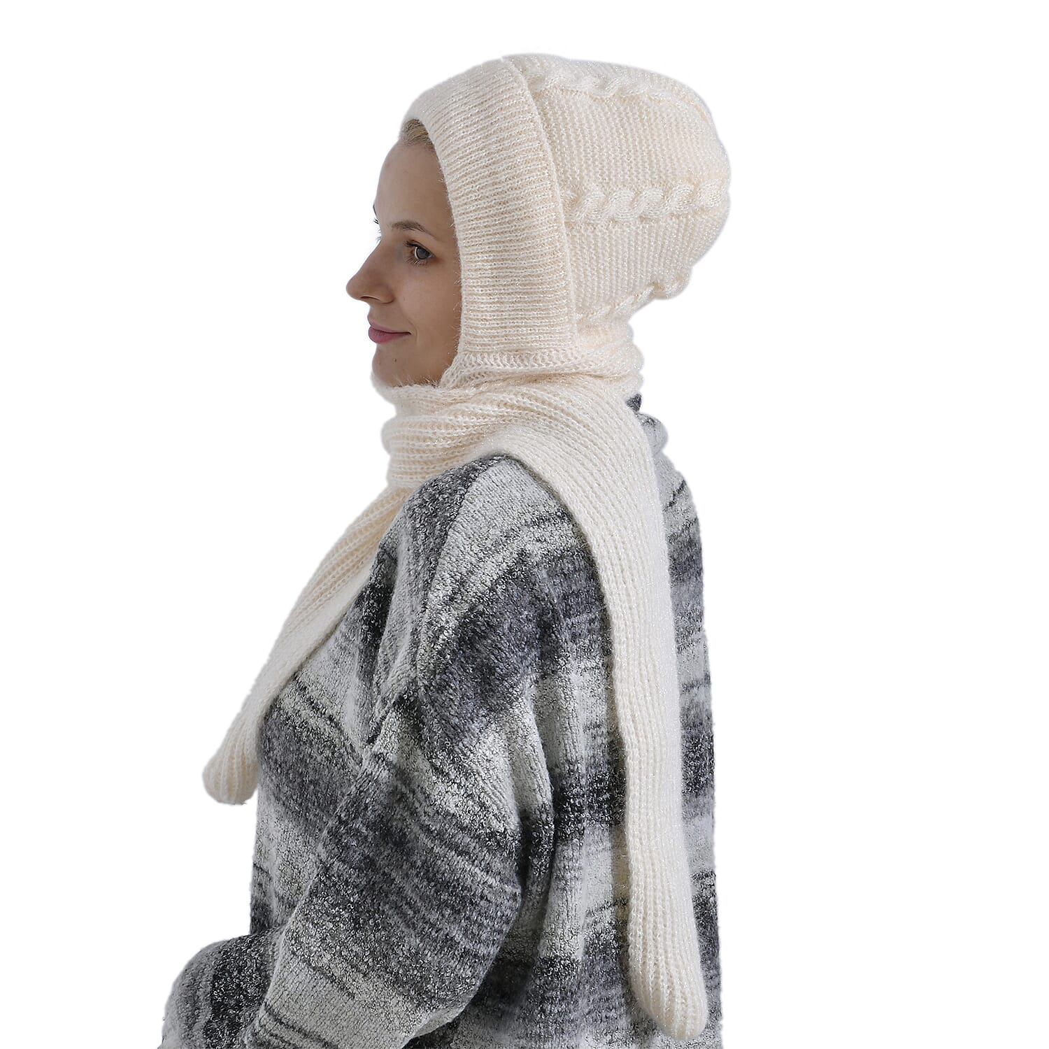 Solid Beanie Cap and Scarf Set - Beige