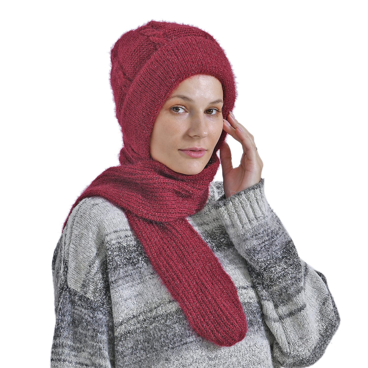 Winters Must Buy - Solid Beanie Cozy Cap and Scarf Set - Red