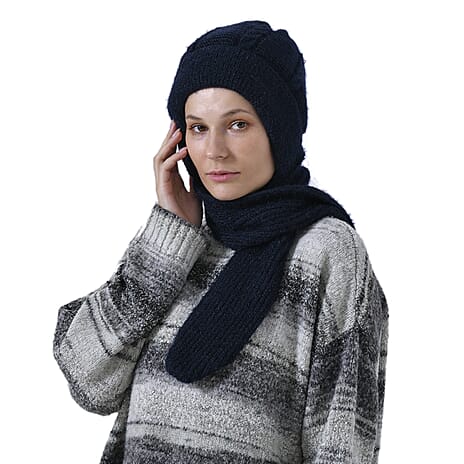 Winters Must Buy - Solid Beanie Cozy Cap and Scarf Set - Navy