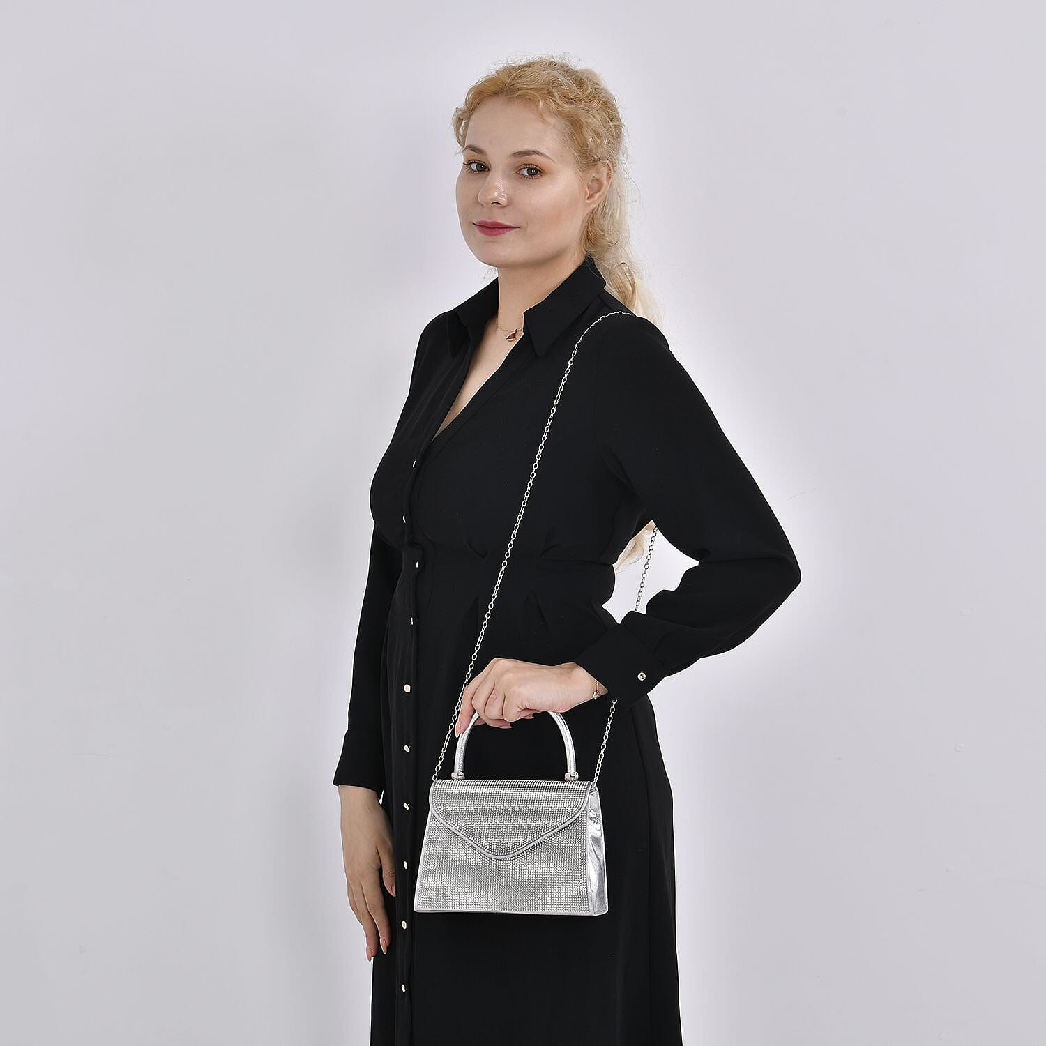 Crystal Patterned Clutch (Size 20x6x14 cm) - Silver & White Crystal Patterned Clutch (Size 20x6x14 cm) - Silver & White