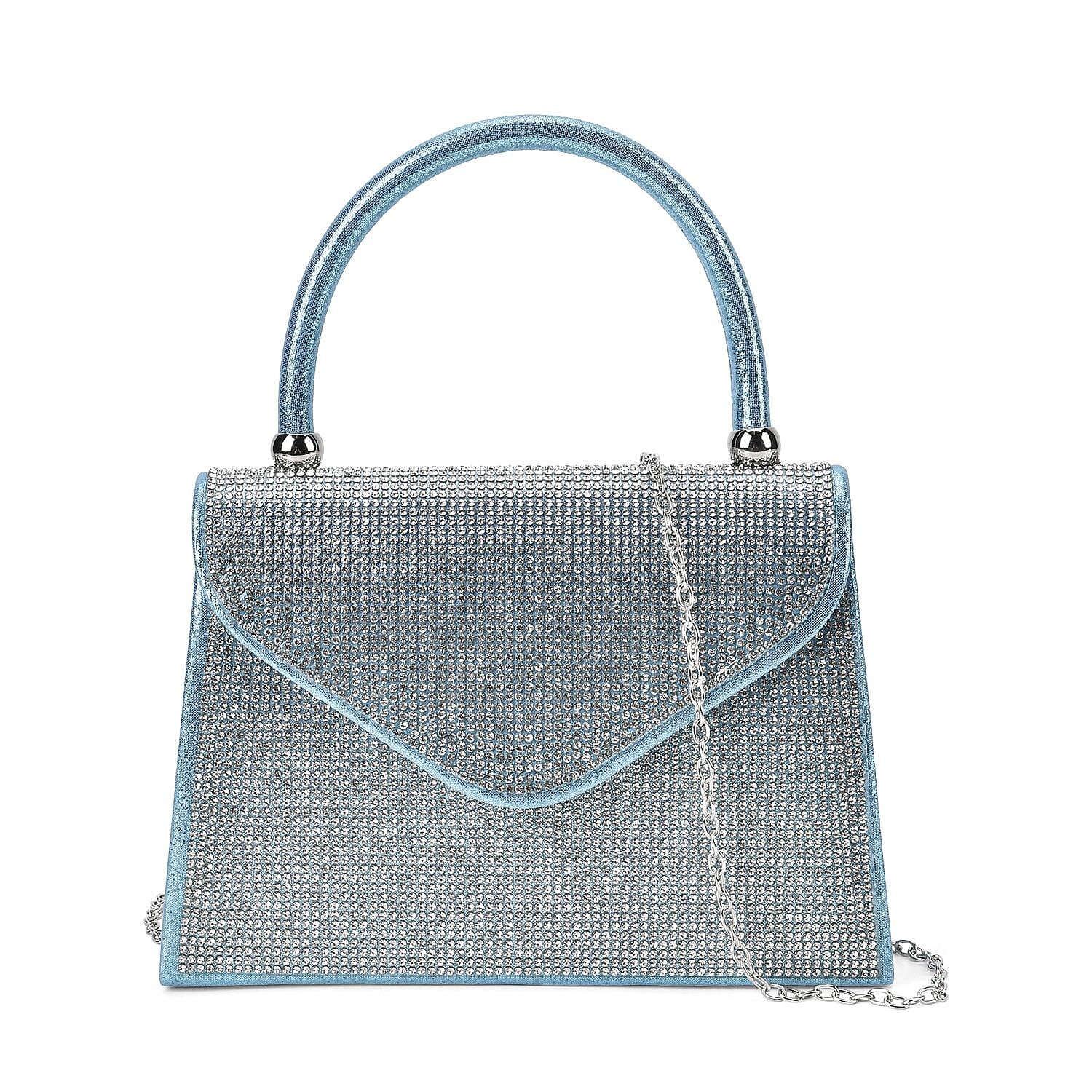 Crystal Patterned Clutch Bag with Long Chain Strap - Teal