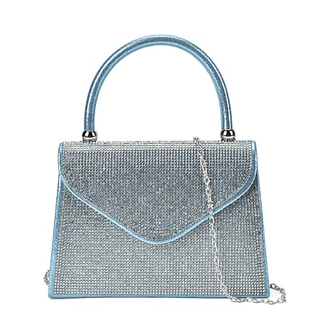 Crystal Patterned Clutch Bag with Long Chain Strap - Teal