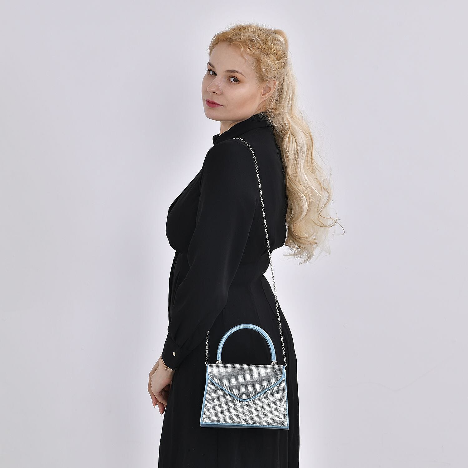 Crystal Patterned Clutch Bag with Long Chain Strap - Teal