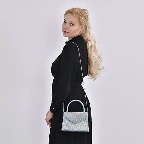 Crystal Patterned Clutch Bag with Long Chain Strap - Teal