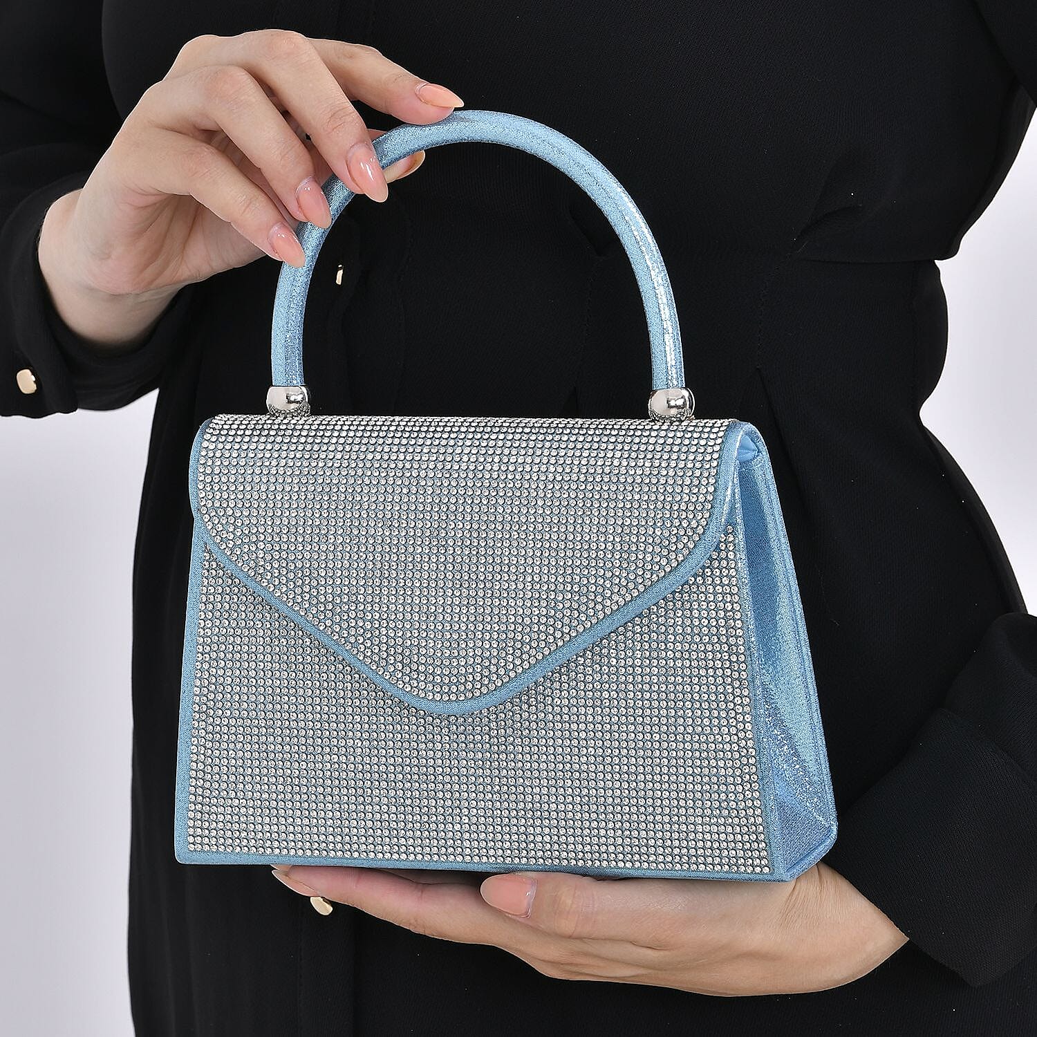Crystal Patterned Clutch Bag with Long Chain Strap - Teal