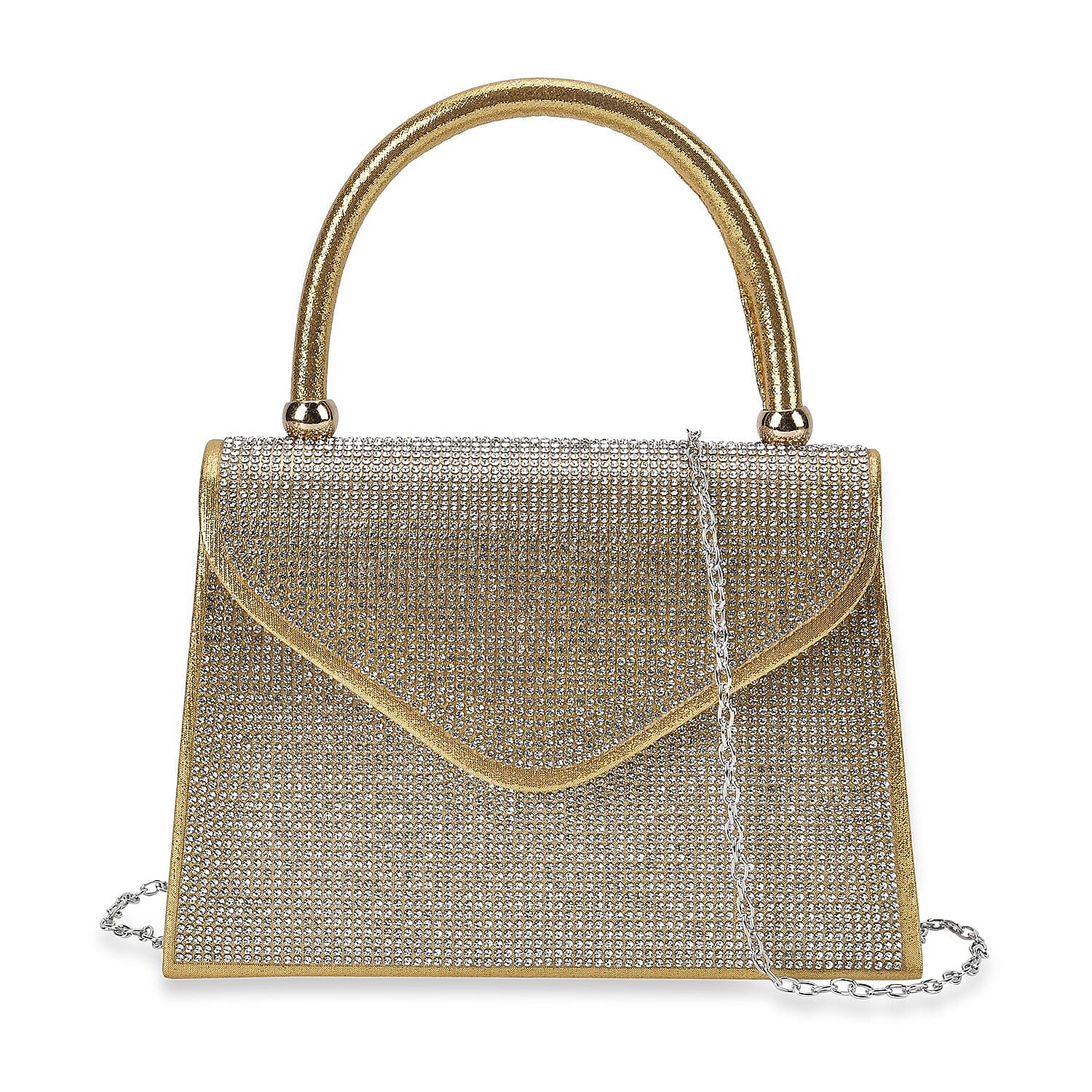 Crystal Patterned Clutch Bag with Long Chain Strap - Gold