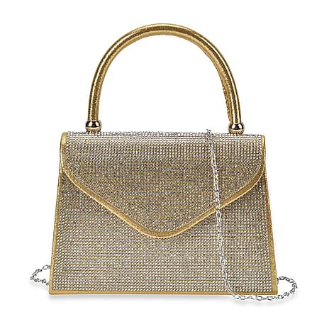 Crystal Patterned Clutch Bag with Long Chain Strap - Gold