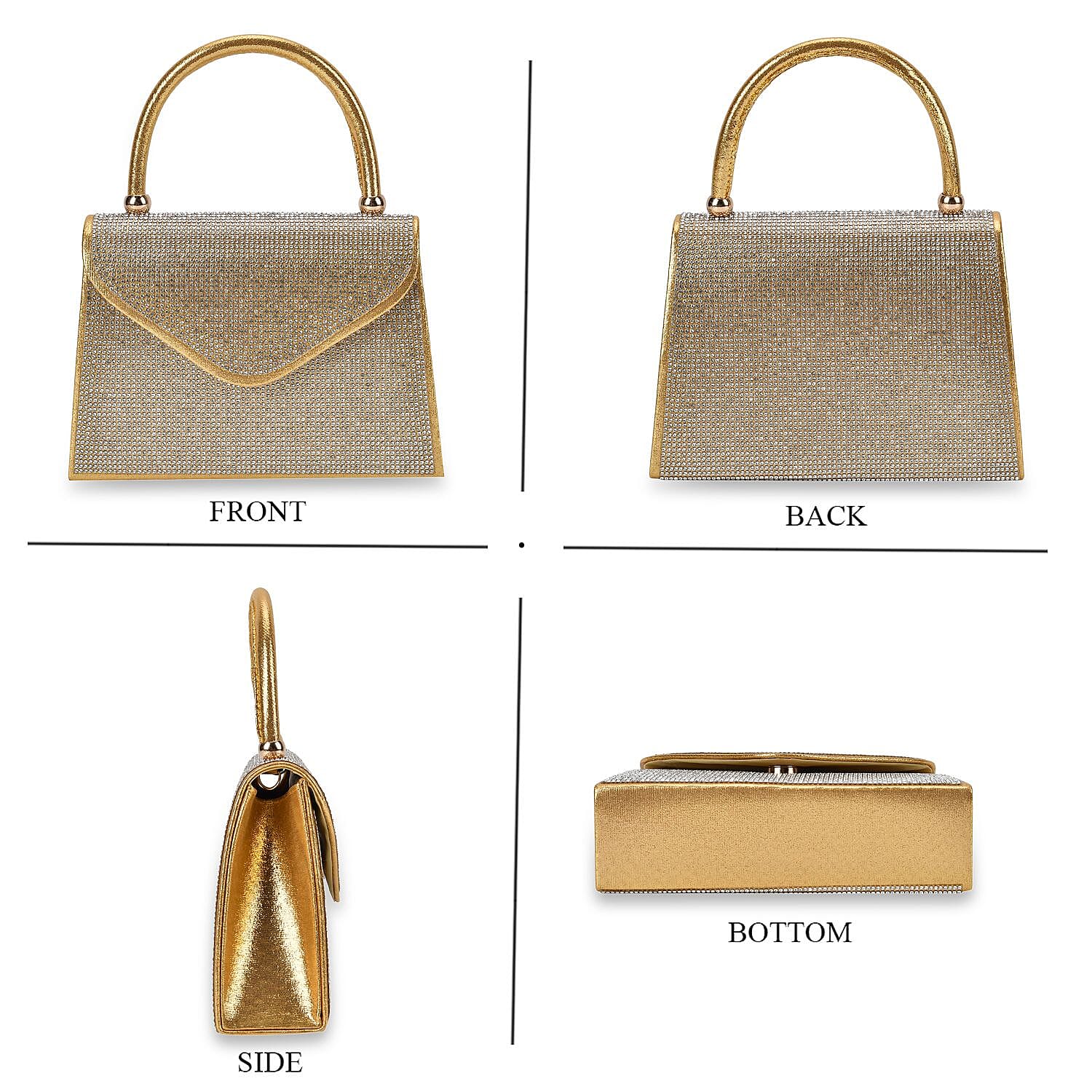 Crystal Patterned Clutch Bag with Long Chain Strap - Gold