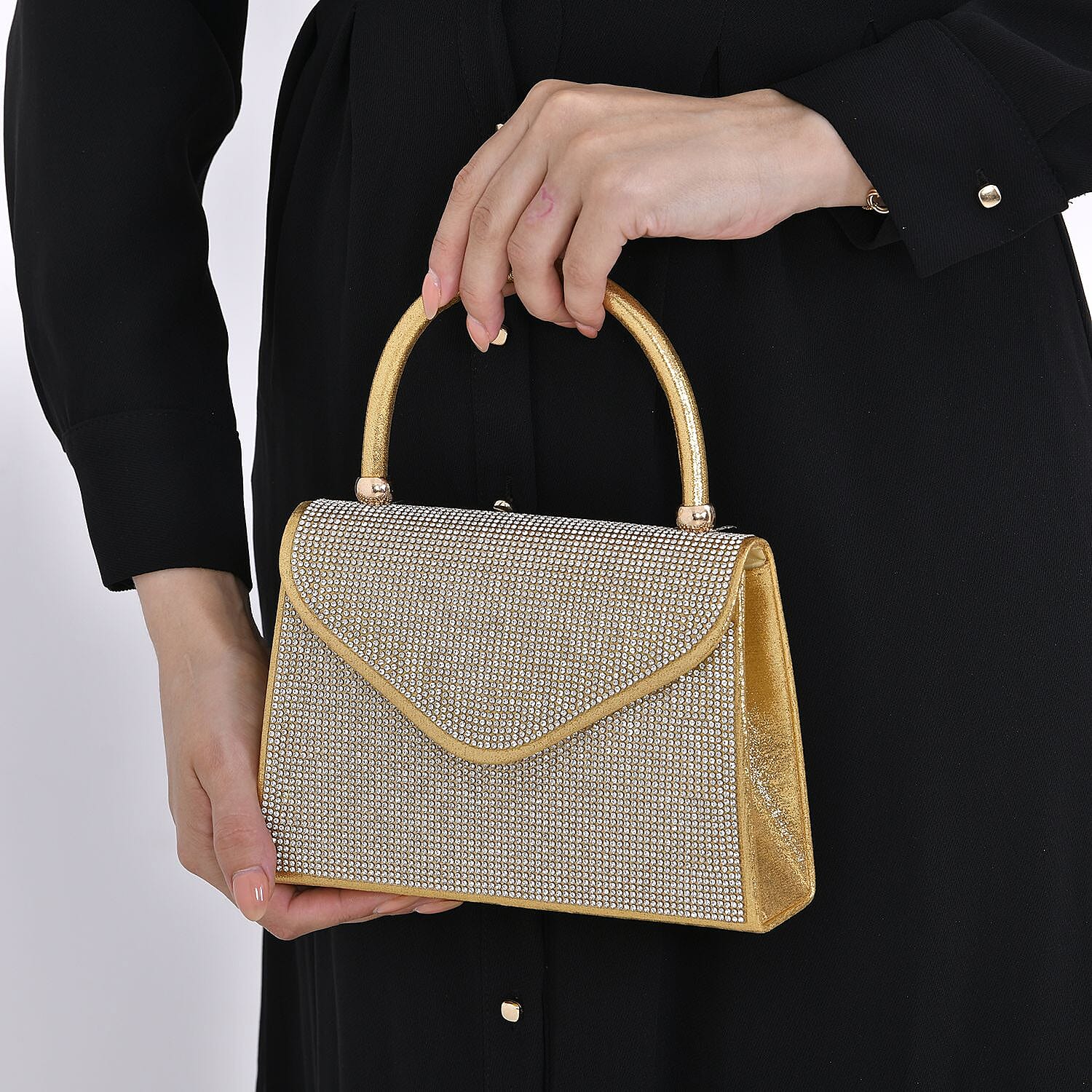 Crystal Patterned Clutch Bag with Long Chain Strap - Gold