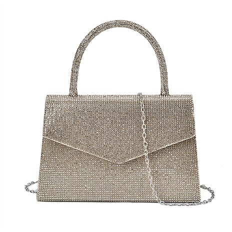 Crystal Patterned Clutch Bag with Long Chain Strap - Gold