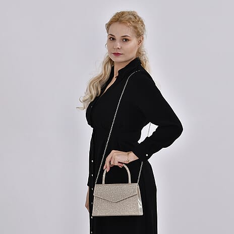 Crystal Patterned Clutch Bag with Long Chain Strap - Gold