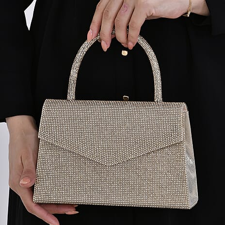 Crystal Patterned Clutch Bag with Long Chain Strap - Gold