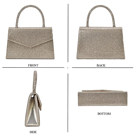 Crystal Patterned Clutch Bag with Long Chain Strap - Gold