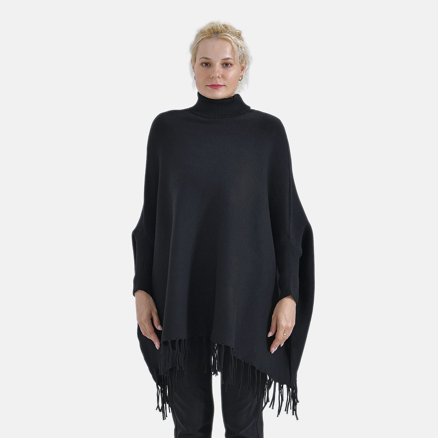 La Marey High Tie Tassel Poncho (One Size) - Black