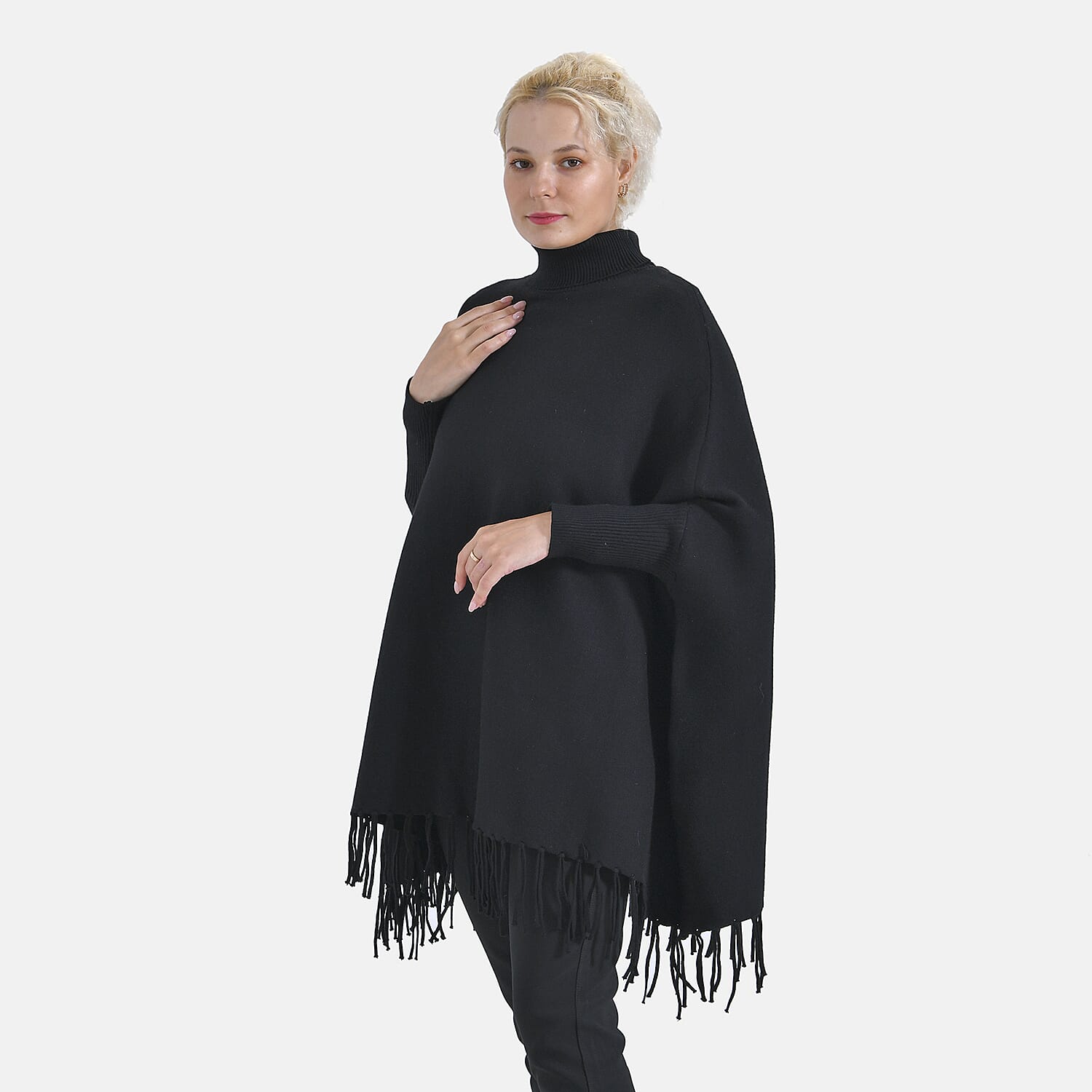 La Marey High Tie Tassel Poncho (One Size) - Black