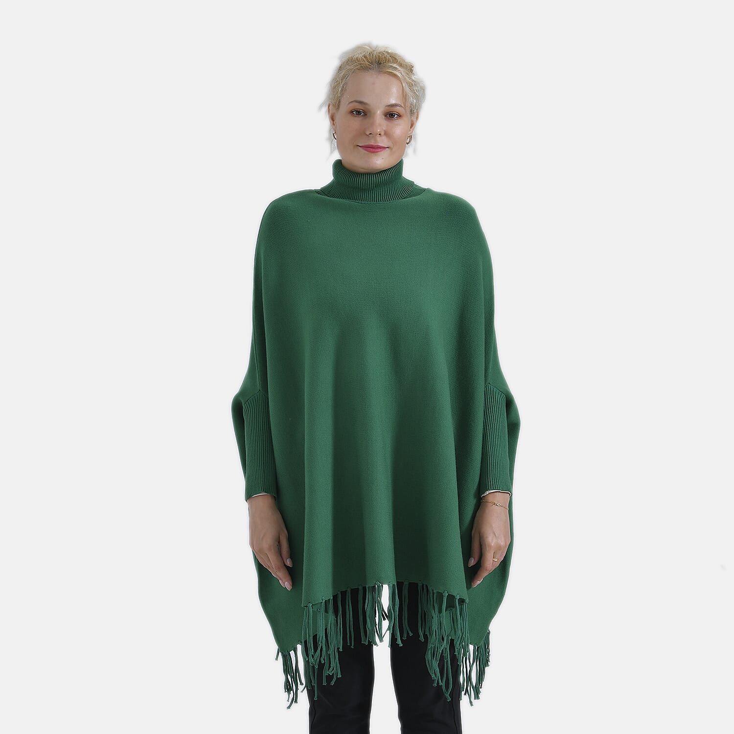La Marey High Tie Tassel Poncho (One Size) - Green