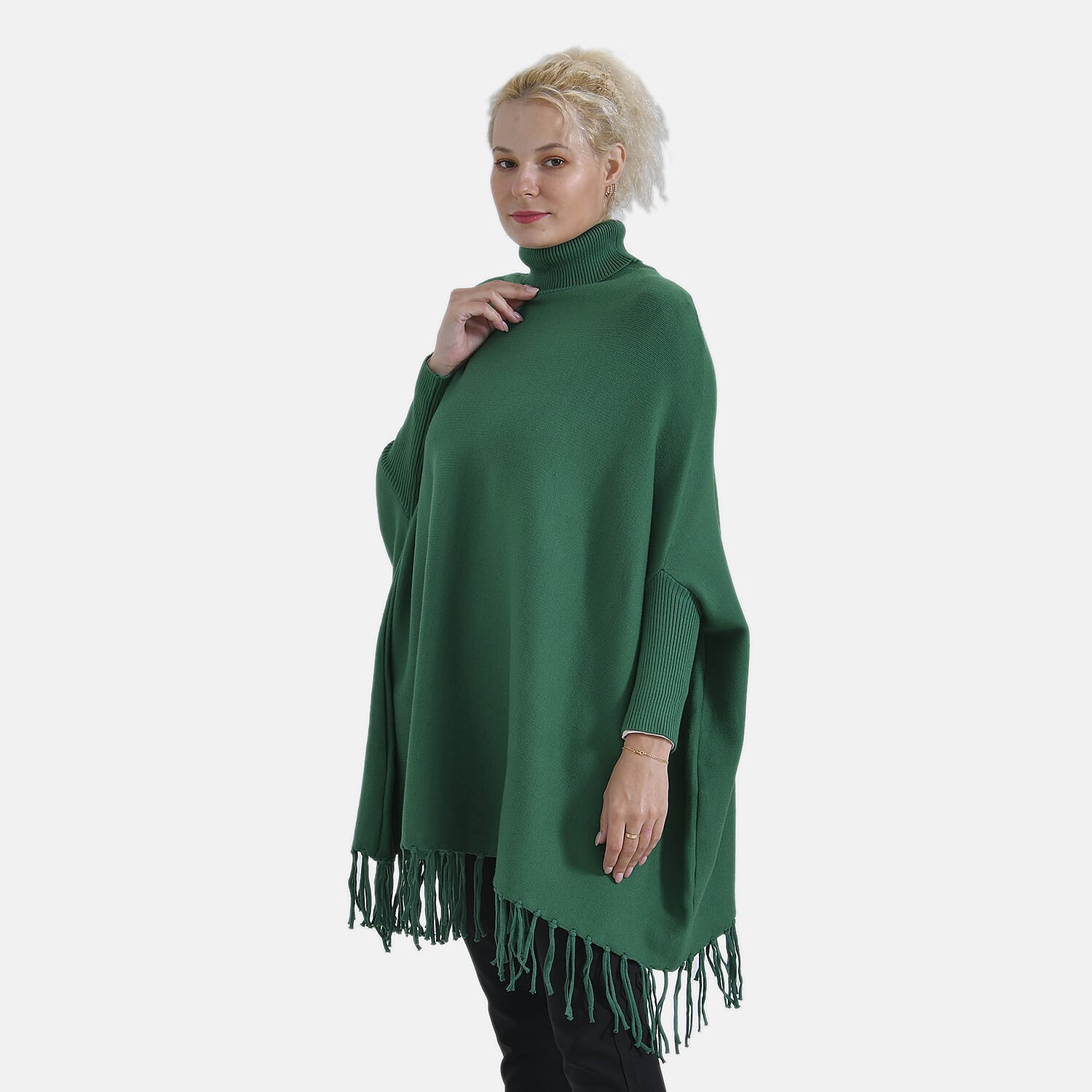 La Marey High Tie Tassel Poncho (One Size) - Green