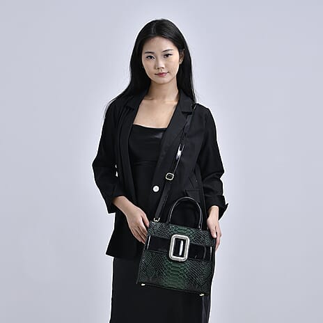Leatherette Snake Skin Pattern Crossbody Bag - Green - Black