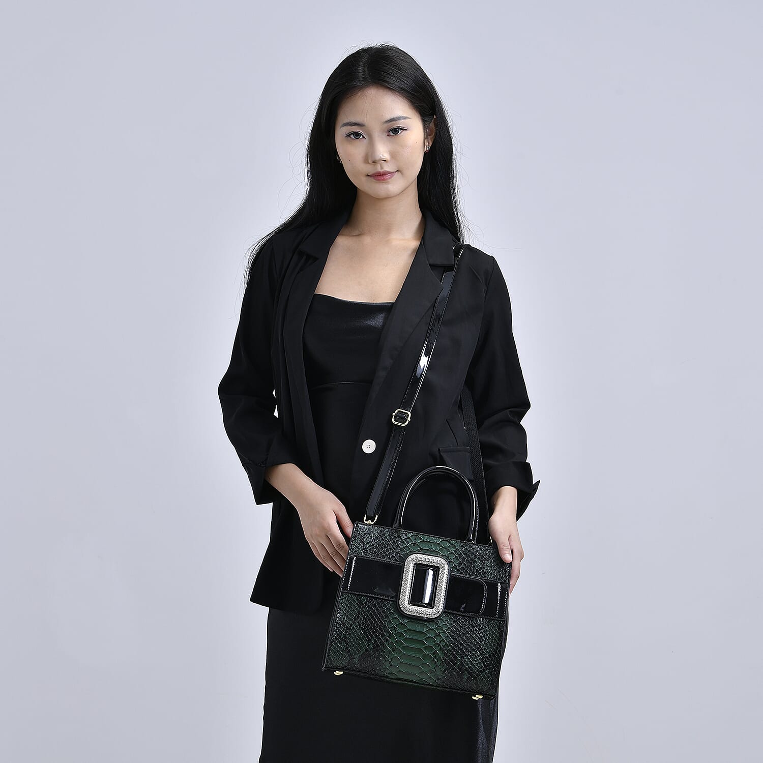 Leatherette Snake Skin Pattern Crossbody Bag - Green - Black Leatherette Snake Skin Pattern Crossbody Bag - Green - Black