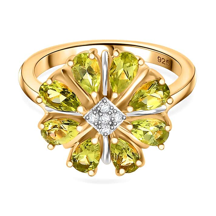 Peridot, Moissanite Floral Ring in 18K Vermeil Yellow Gold Plated Sterling Silver 1.860 Ct.