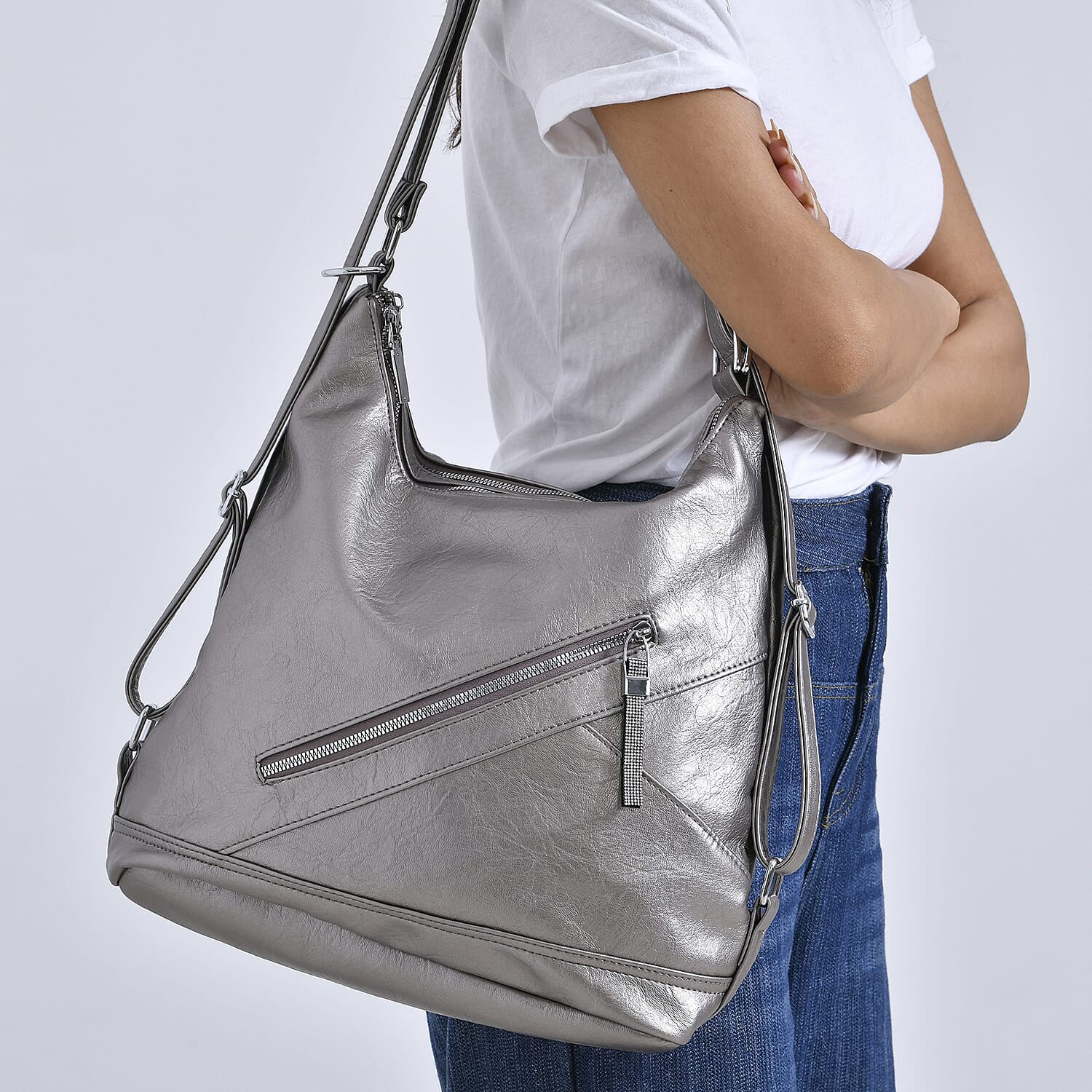 3 in 1 Solid Versatile Styling Crossbody, Shoulder, and Tote Bag (Size 33x13x36 cm) - Silver