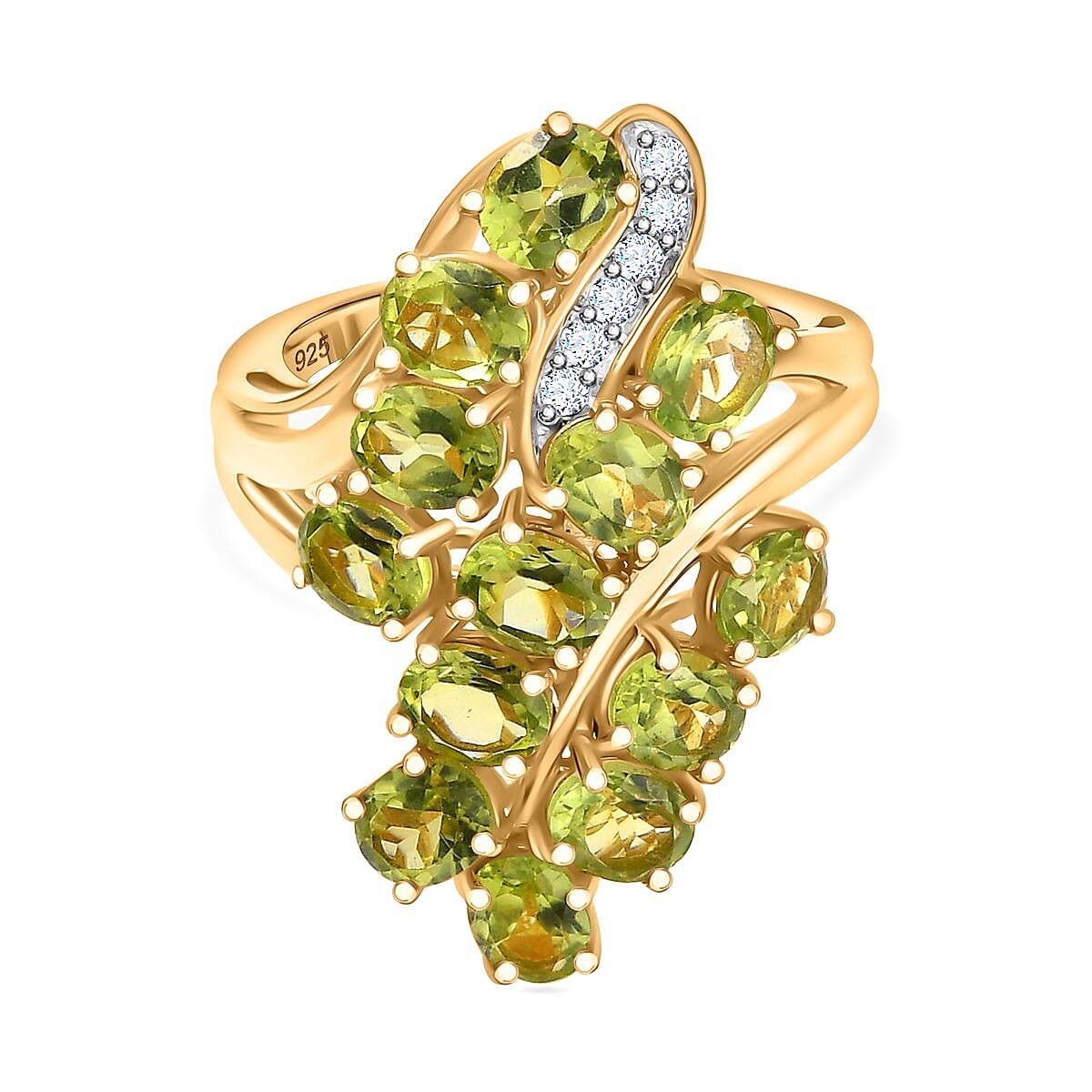 Inspired by Emerald Vine Leaf Hebei Peridot & Natural Zircon Bypass Ring in 18K YG Vermeil Sterling Silver 5.33 Ct, Silver Wt. 5.33 GM