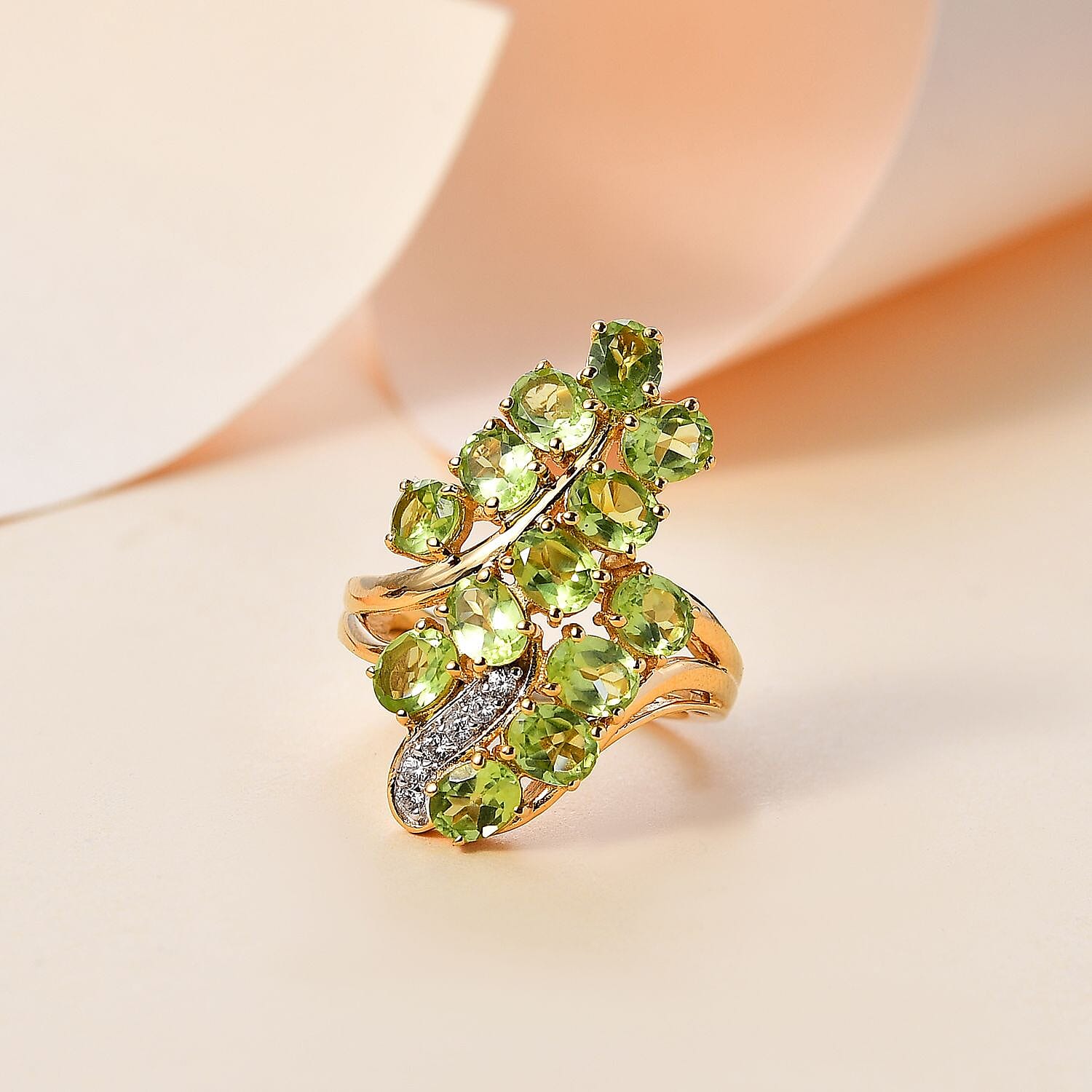 Inspired by Emerald Vine Leaf Hebei Peridot & Natural Zircon Bypass Ring in 18K YG Vermeil Sterling Silver 5.33 Ct, Silver Wt. 5.33 GM