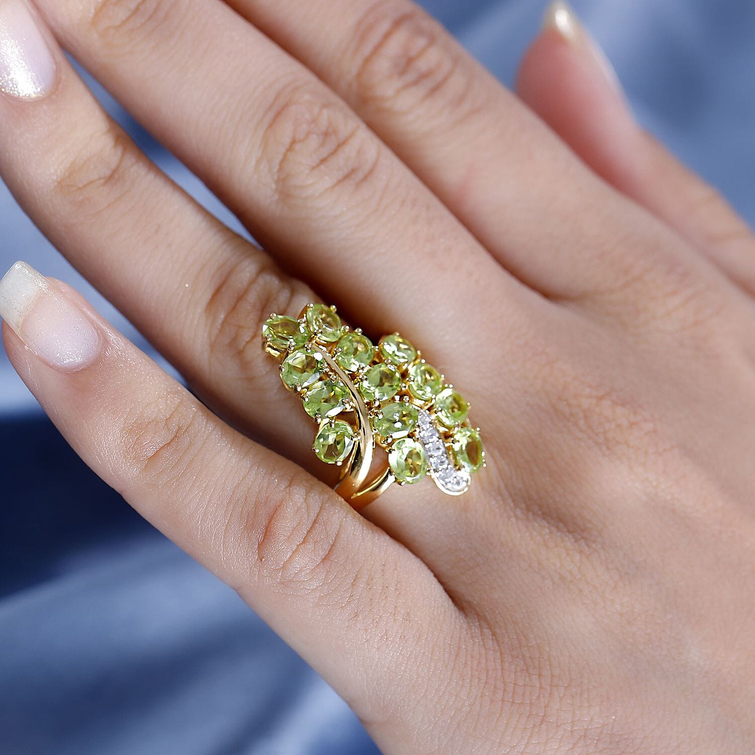 Inspired by Emerald Vine Leaf Hebei Peridot & Natural Zircon Bypass Ring in 18K YG Vermeil Sterling Silver 5.33 Ct, Silver Wt. 5.33 GM