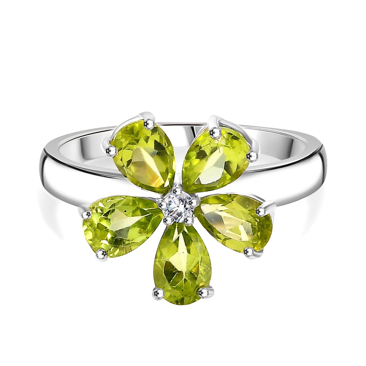 Hebei Peridot & Moissanite Floral Ring in Rhodium Overlay Sterling Silver 2.10 Ct