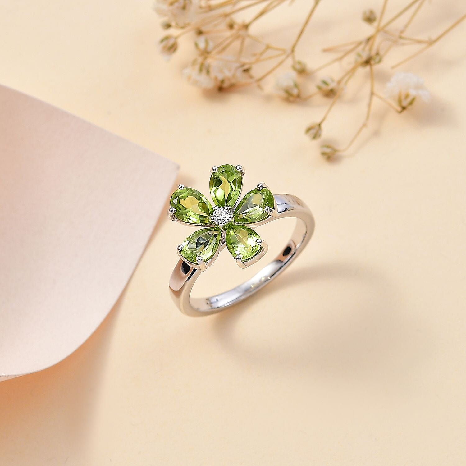 Hebei Peridot & Moissanite Floral Ring in Rhodium Overlay Sterling Silver 2.10 Ct