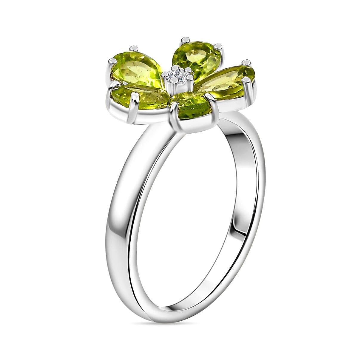 Hebei Peridot & Moissanite Floral Ring in Rhodium Overlay Sterling Silver 2.10 Ct