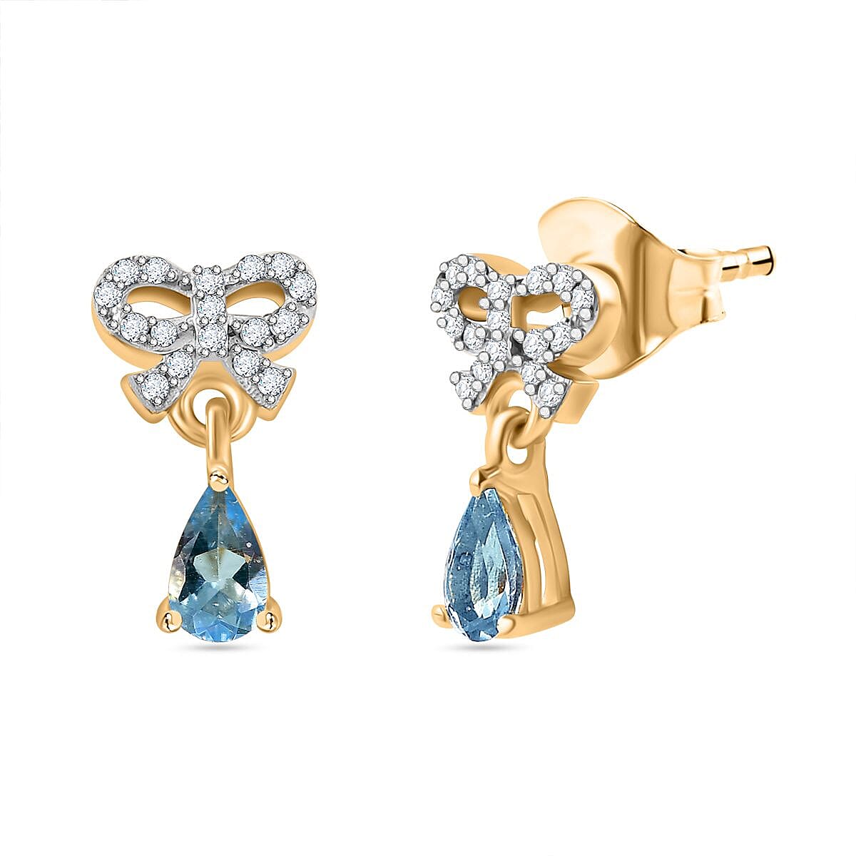 Santamaria Aquamarine & Natural Zircon Dangle Earrings in 18K Vermeil Yellow Gold Plated Sterling Silver inspired by Raindrop & Bow