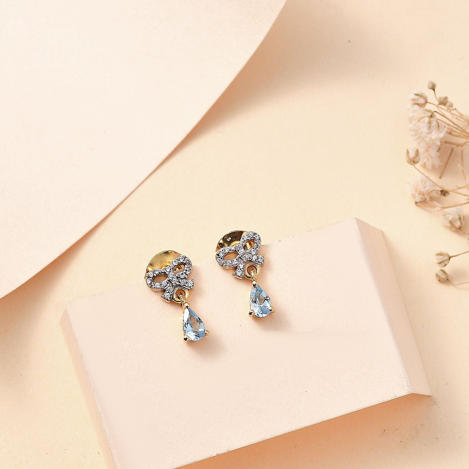 Santamaria Aquamarine & Natural Zircon Dangle Earrings in 18K Vermeil Yellow Gold Plated Sterling Silver inspired by Raindrop & Bow