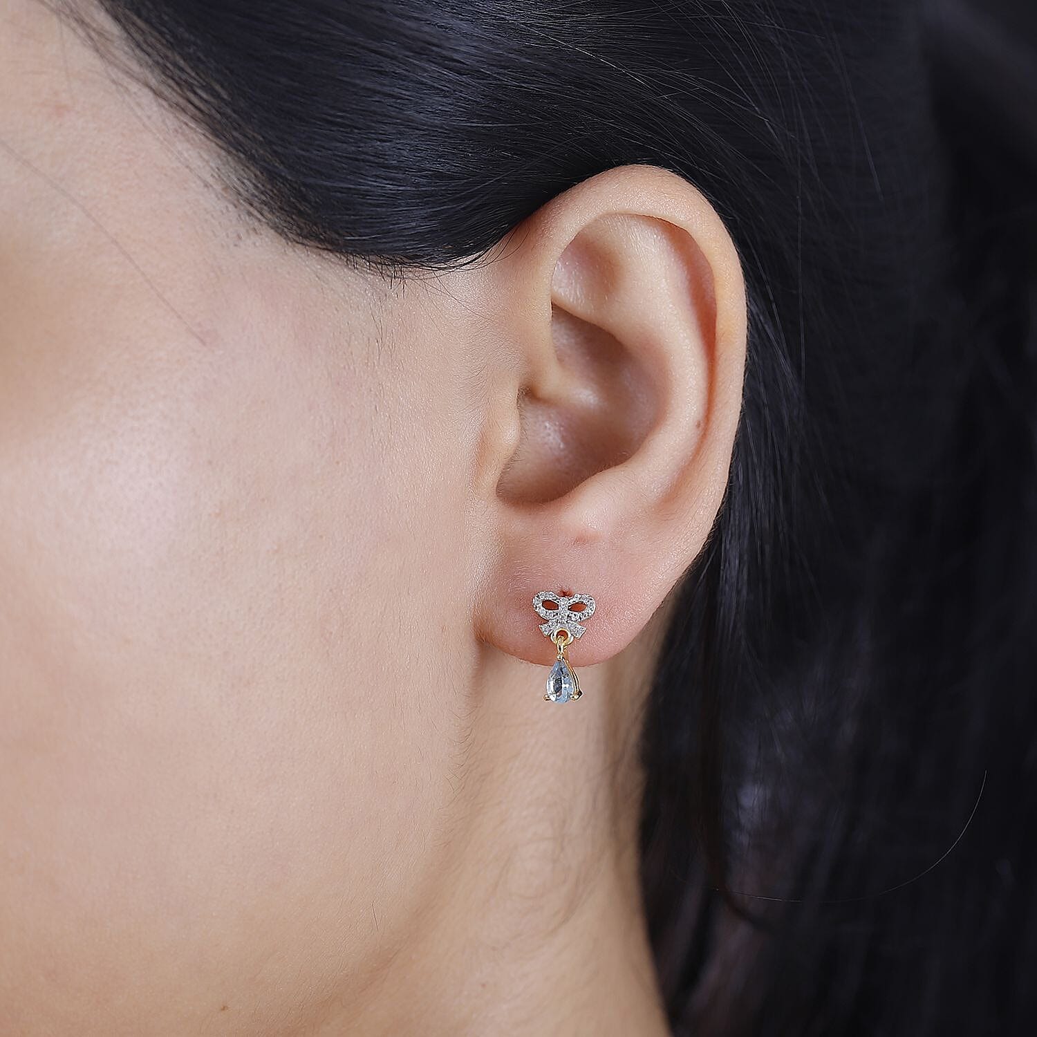 Santamaria Aquamarine & Natural Zircon Dangle Earrings in 18K Vermeil Yellow Gold Plated Sterling Silver inspired by Raindrop & Bow