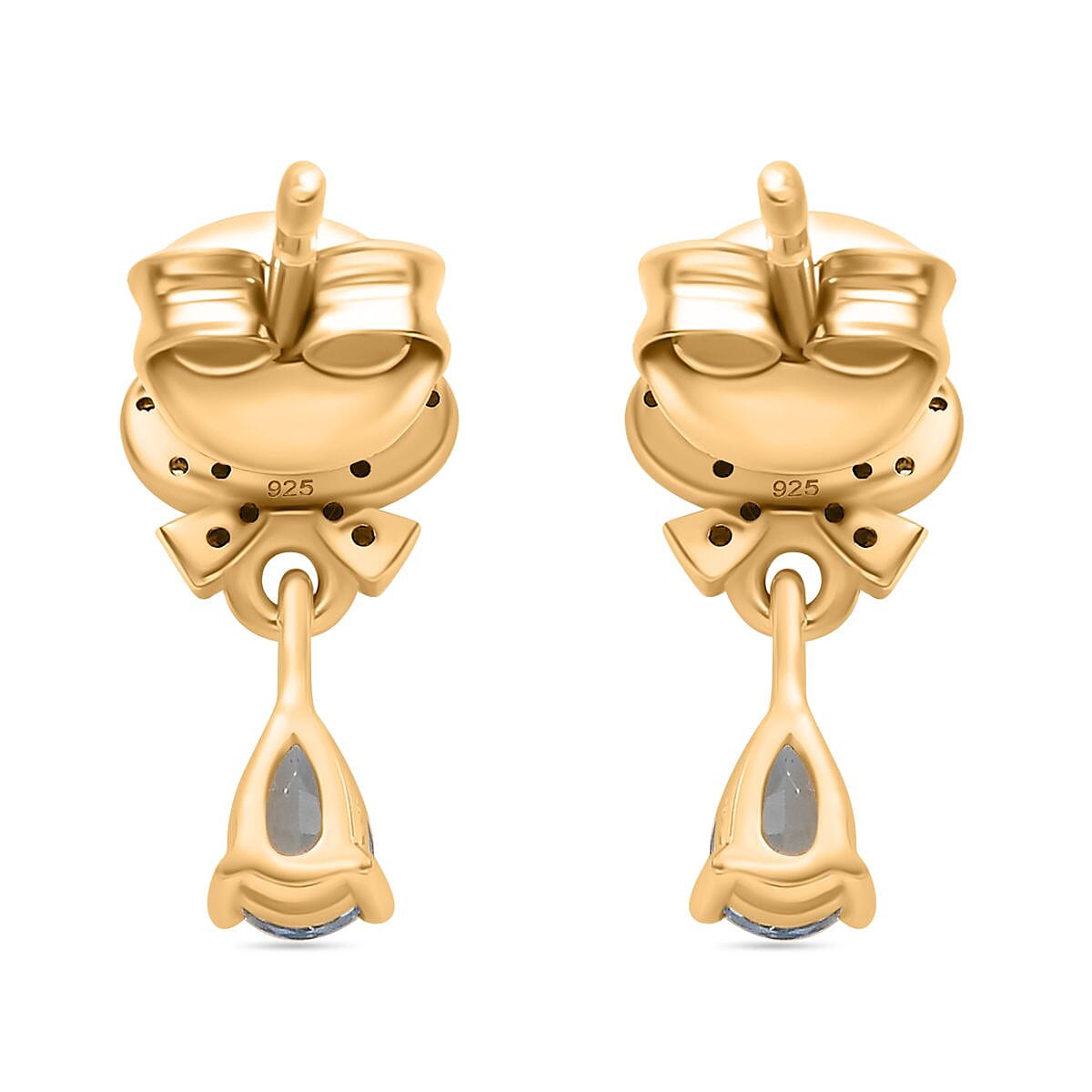 Santamaria Aquamarine & Natural Zircon Dangle Earrings in 18K Vermeil Yellow Gold Plated Sterling Silver inspired by Raindrop & Bow