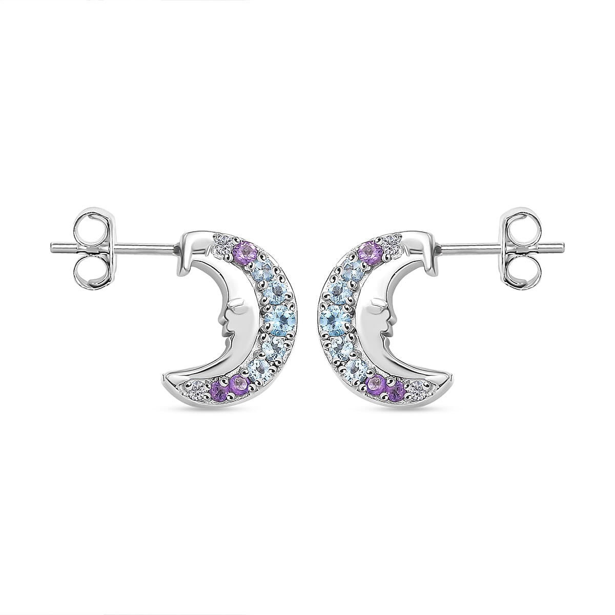 GP Celestial Collection - Blue Topaz, Blue Sapphire, White Zircon & African Amethyst Solitaire Stud Earring With Push Back in Rhodium Overlay Sterling Silver 0.71 Ct.