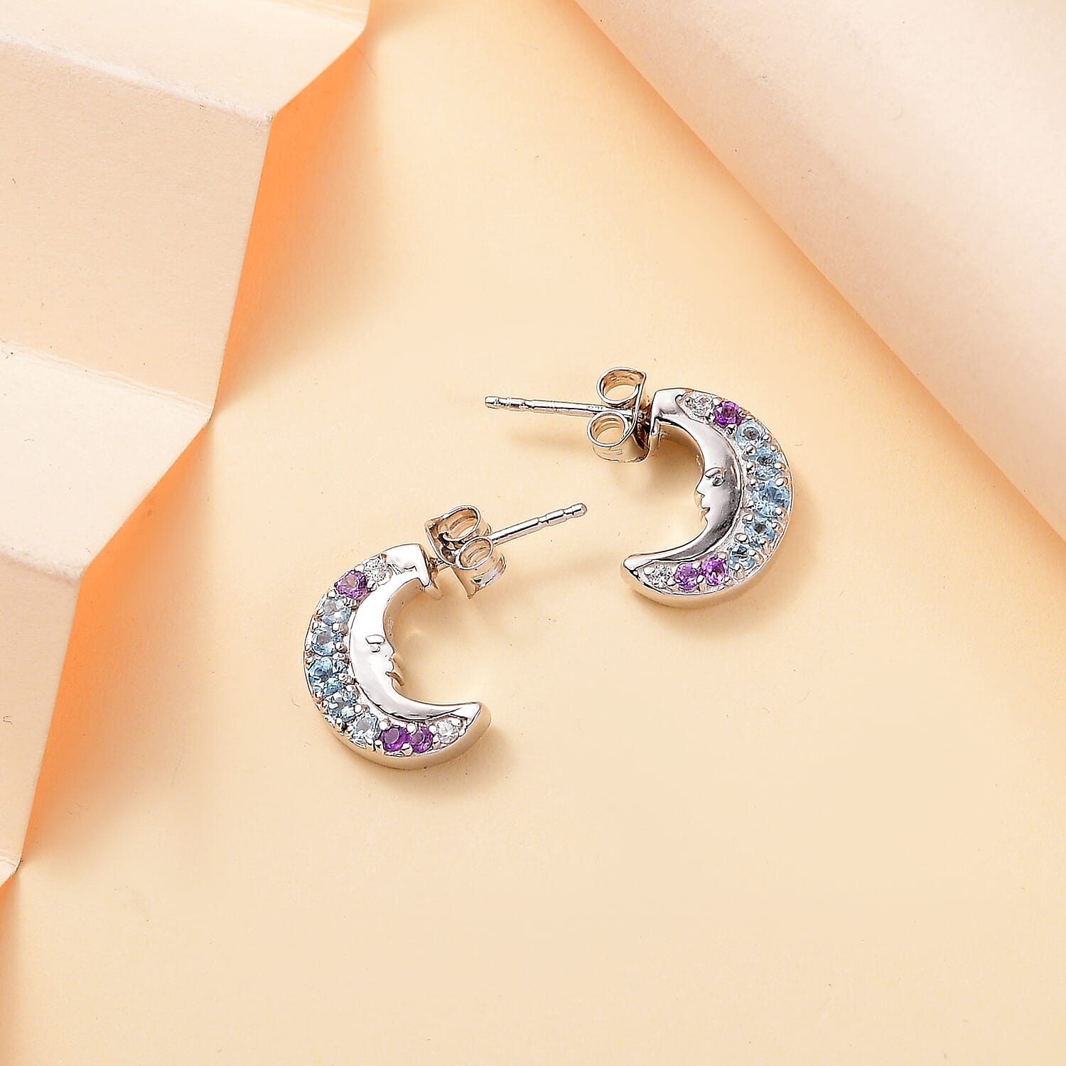 GP Celestial Collection - Blue Topaz, Blue Sapphire, White Zircon & African Amethyst Solitaire Stud Earring With Push Back in Rhodium Overlay Sterling Silver 0.71 Ct.