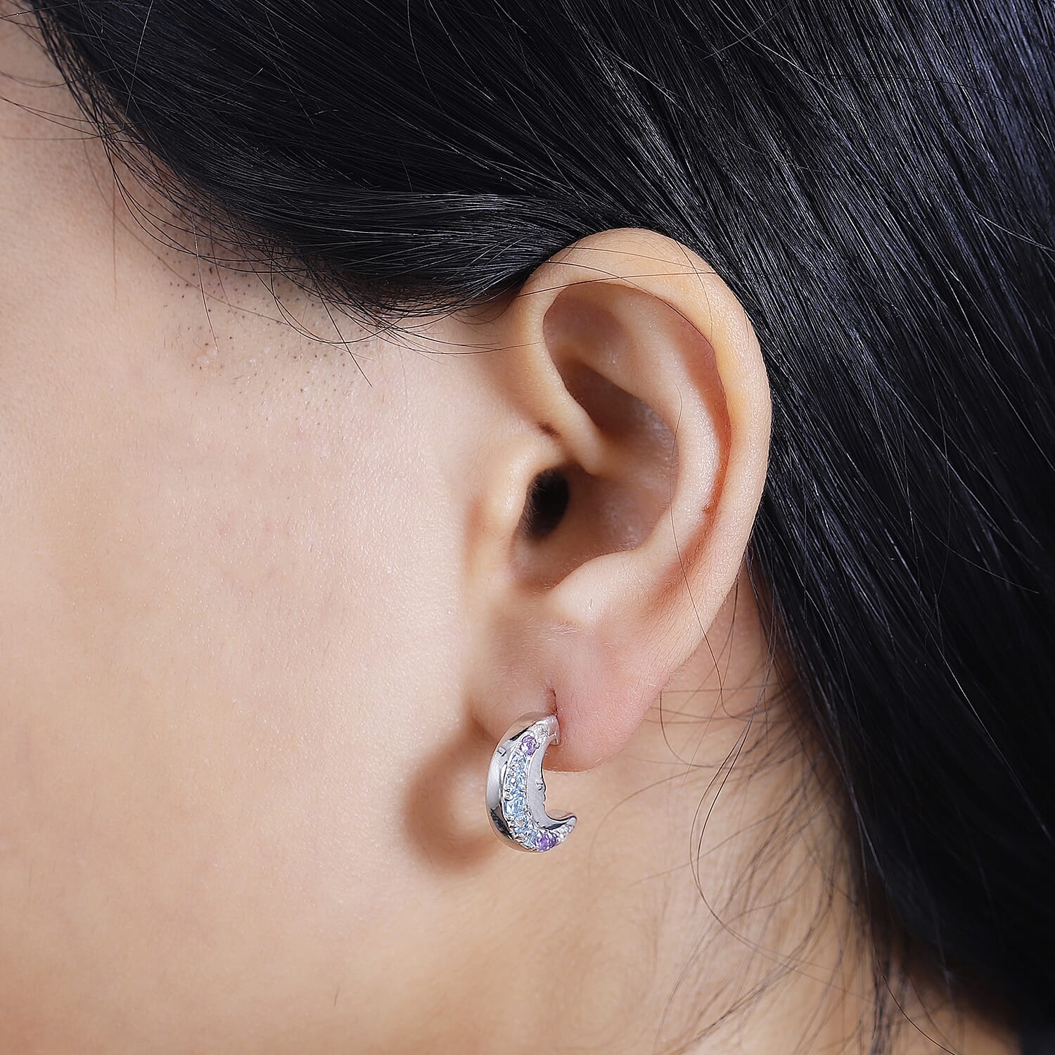 GP Celestial Collection - Blue Topaz, Blue Sapphire, White Zircon & African Amethyst Solitaire Stud Earring With Push Back in Rhodium Overlay Sterling Silver 0.71 Ct.