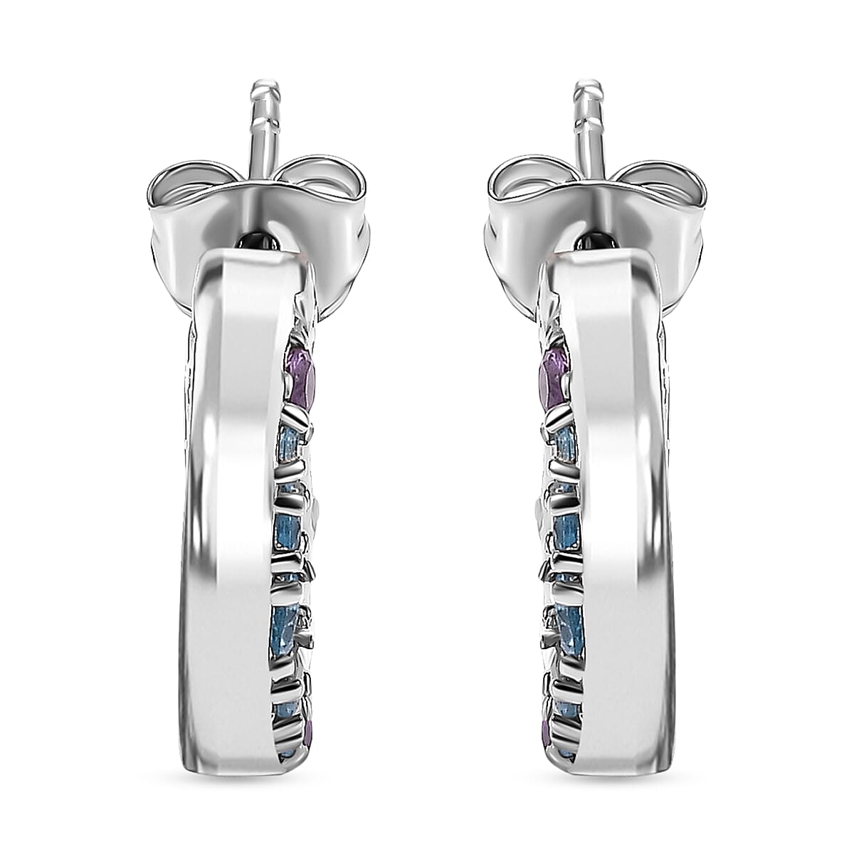 GP Celestial Collection - Blue Topaz, Blue Sapphire, White Zircon & African Amethyst Solitaire Stud Earring With Push Back in Rhodium Overlay Sterling Silver 0.71 Ct.