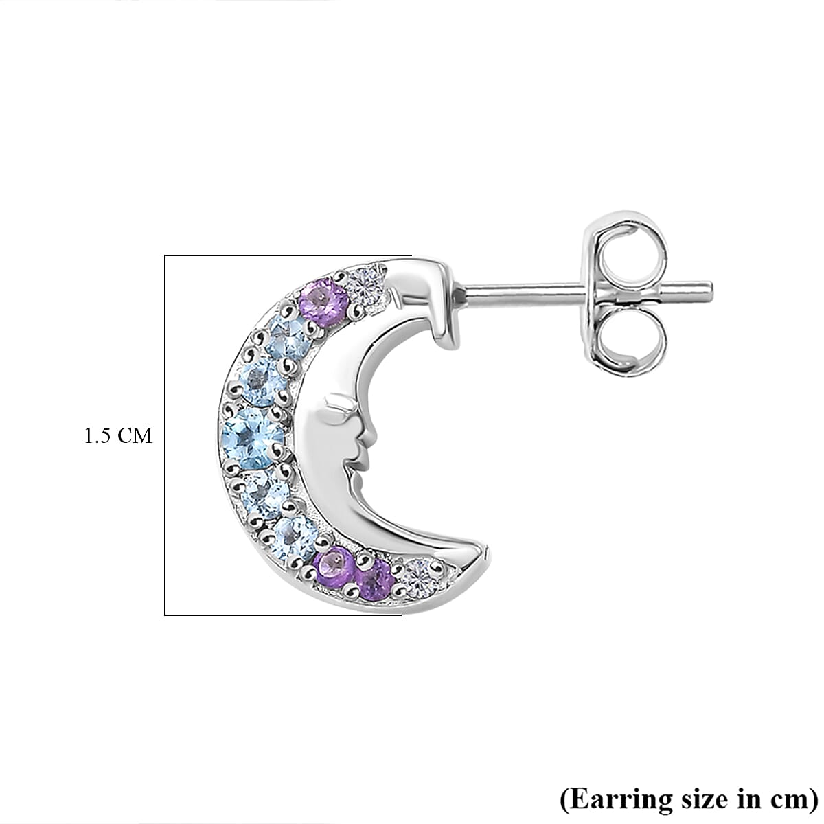 GP Celestial Collection - Blue Topaz, Blue Sapphire, White Zircon & African Amethyst Solitaire Stud Earring With Push Back in Rhodium Overlay Sterling Silver 0.71 Ct.